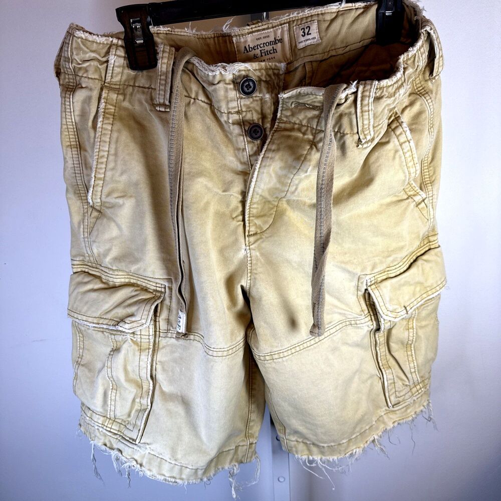 Vtg Abercrombie & Fitch Khaki Cargo Shorts Mens 32 Heavy Military Y2K Button Fly - Picture 2 of 7